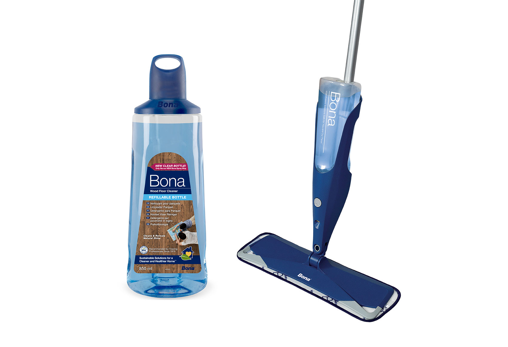 Kit Includes: Bona Microfibre Cleaning Pad, 850ml Refillable Cleaner Cartridge & Bona Spray Mop